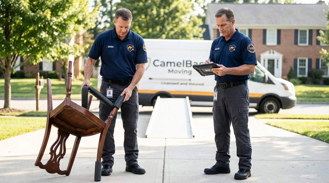Movers inspecting furniture for damage prevention before loading in Anderson, SC